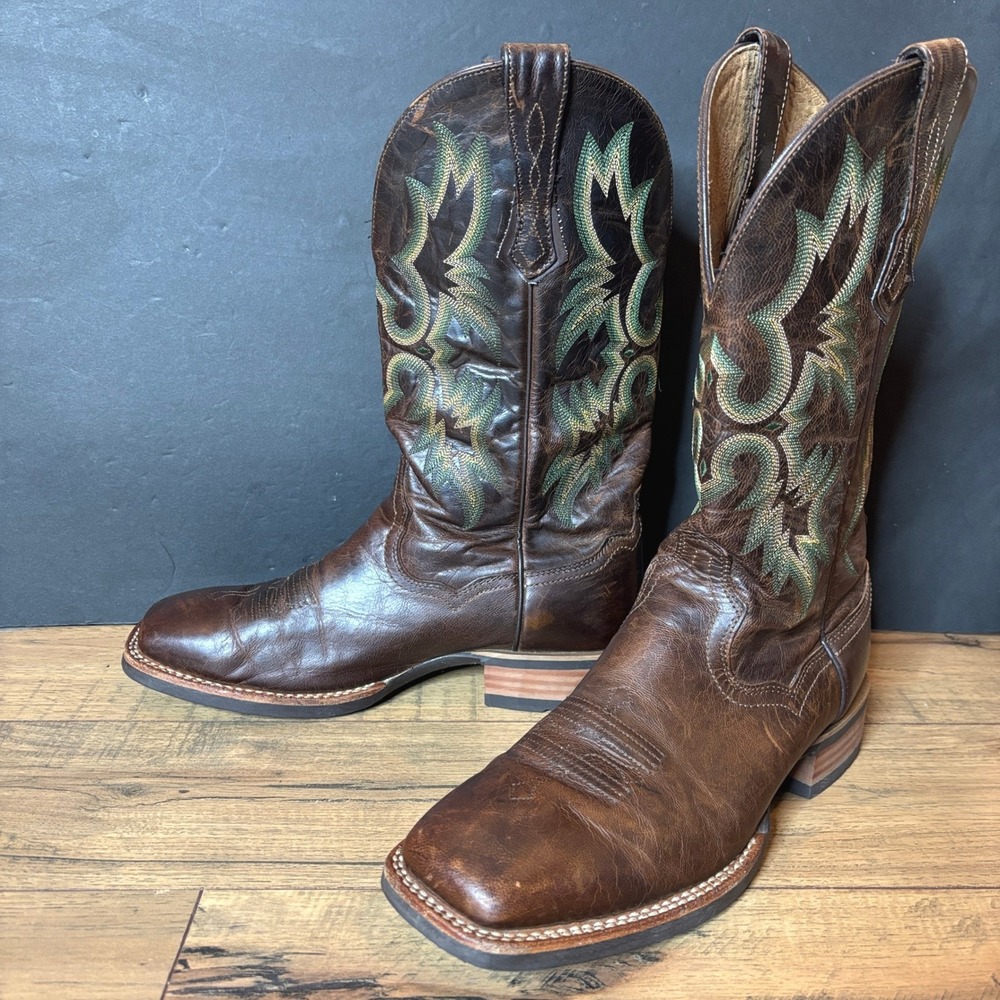 Ariat Tombstone Western Boot Brown Leather Green Stitching Square Toe Size 9.5 - Picture 11 of 11